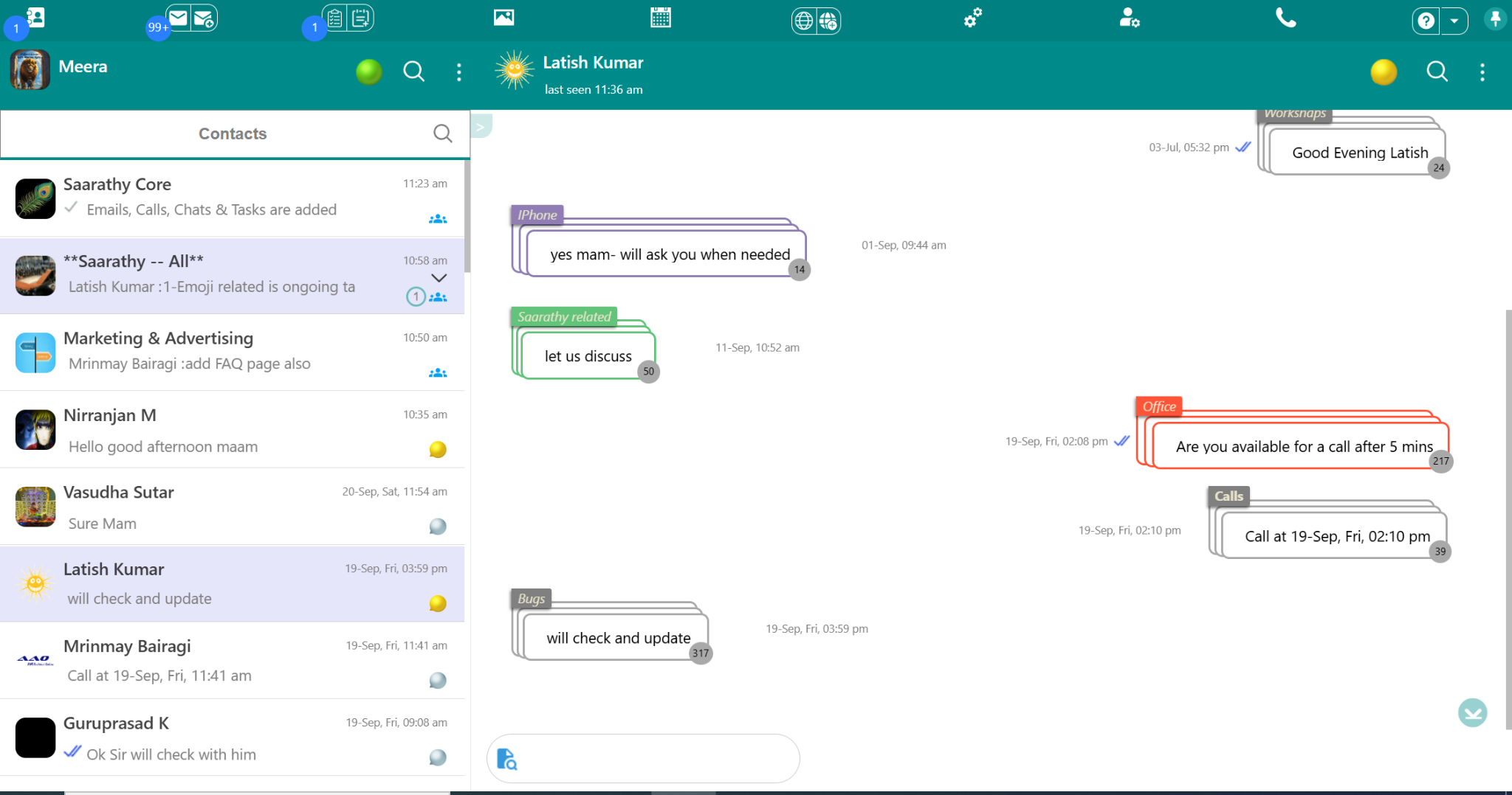 Screenshot of Saarathy Contacts interface with calls, messages, and status indicators
